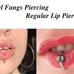 Kobieta z kolczykami w wargach, w tym angel bites piercing, oraz zbliżenie na usta z kolczykiem.