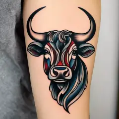 Kolorowy byk tattoo na ramieniu, z czarnymi rogami i niebiesko-czerwonymi akcentami na pysku.
