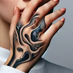 Dłoń ozdobiona surrealistycznym tatuażem z twarzą, drzewami i motywami roślinnymi.