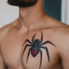 Mocny spiderman tatuaz na klatce piersiowej. Czarny pająk z czerwonym odwłokiem, symbolizujący siłę i determinację.