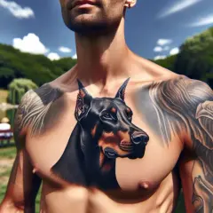Imponujący tatuaż doberman na klatce piersiowej mężczyzny, otoczony tatuażami z różami. W tle park z jeziorem.