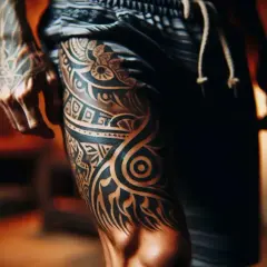 Męskie tatuaże tribal na udzie, pełne symboliki i wzorów.