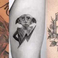 Trzy tatuaże z Dobbym: portret, postać z piorunem i nagrobek z napisem "HERE LIES DOBBY A FREE ELF".
