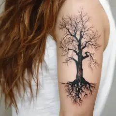 Tatuaż drzewo z korzeniami na ramieniu, symbolizujące siłę i połączenie z naturą.