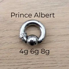 Stalowy kolczyk typu prince albert, z kulką i ozdobnym pierścieniem, rozmiary 4g, 6g, 8g.