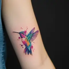 Koliber tattoo small, w akwarelowym stylu, z kolorowymi plamami farby.