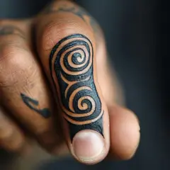 Palec ozdobiony spiralnym, cieniowanym tatuażem. Wzór przypomina pradawne symbole, tworząc unikalną ozdobę.