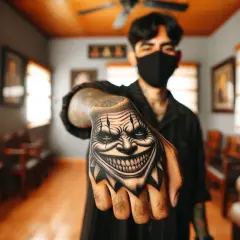 Mroczny tatuaż joker na dłoni mężczyzny, z przerażającym uśmiechem i oczami.