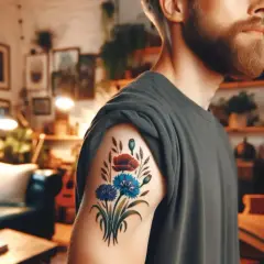 Tatuaż maki i chabry na ramieniu mężczyzny. Bukiet polnych kwiatów, symbol natury i piękna.