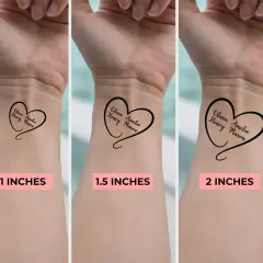 Symbol rodzeństwa tatuaż serce z imionami dzieci. Trzy wersje tatuażu o różnych rozmiarach: 1, 1.5 i 2 cale.