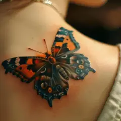 Kolorowy tatuaż motyl na ramieniu, z pomarańczowymi i niebieskimi skrzydłami, wygląda jak żywy.