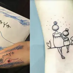 Tatuaż dla mamy z imionami dzieci: rysunek córki z imieniem "Maya" i tatuaż przedstawiający mamę z córką Emmą.