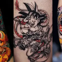 Trzy tatuaże w stylu tatuaż manga: Zoro z One Piece, Goku z Dragon Ball i postać z Demon Slayer.