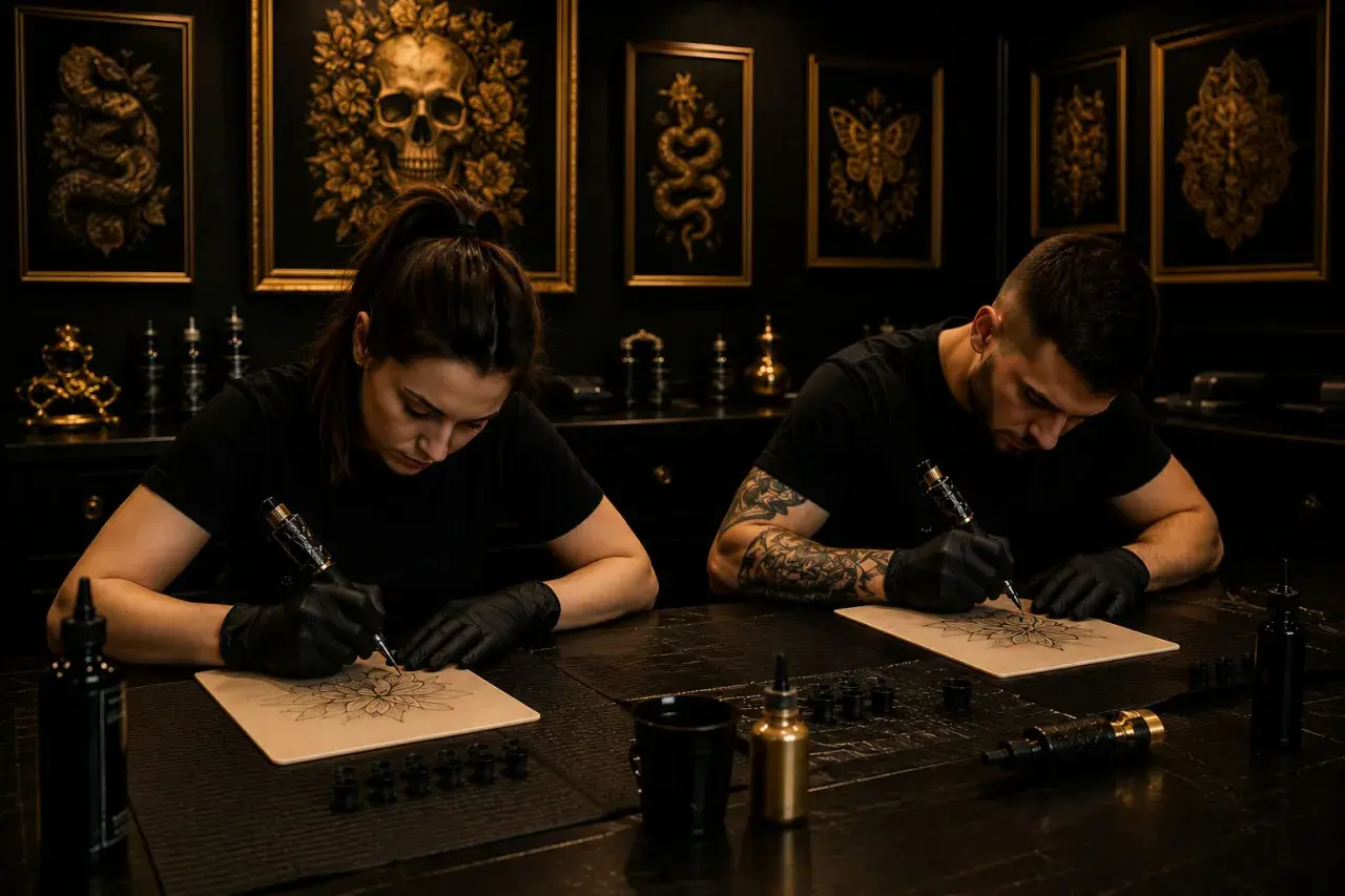 Na kursie tatuażu młodzi artyści ćwiczą rysowanie wzorów na sztucznej skórze. W tle wiszą mroczne obrazy z motywami czaszki i węża.