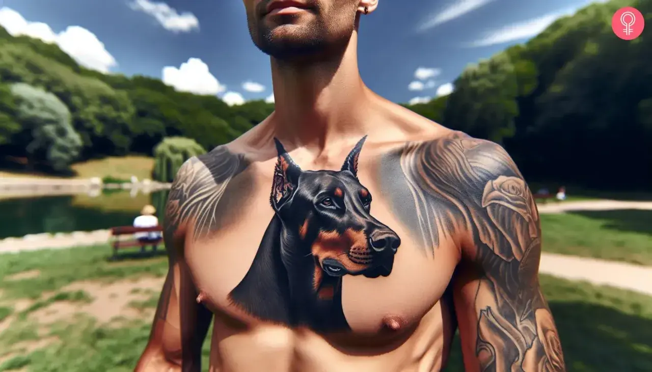 Imponujący tatuaż doberman na klatce piersiowej mężczyzny, otoczony tatuażami z różami. W tle park z jeziorem.