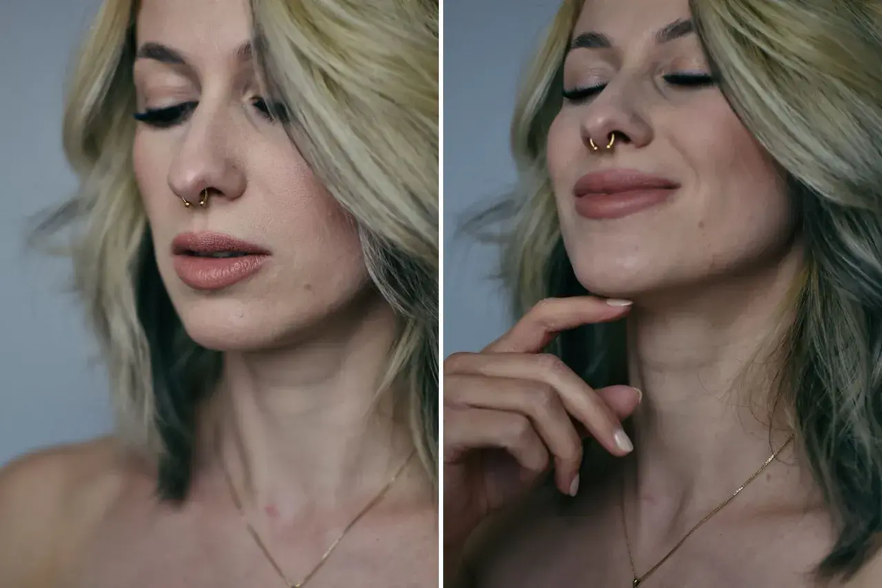 Kobieta z blond włosami i złotym septum piercingiem, z zamkniętymi oczami i delikatnym uśmiechem.