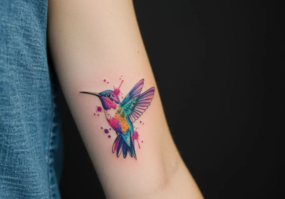 Koliber tattoo small, w akwarelowym stylu, z kolorowymi plamami farby.