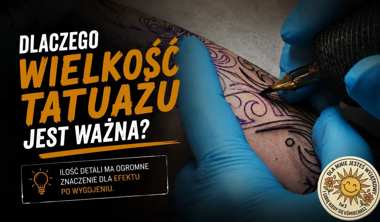 Ręka w niebieskiej rękawiczce tatuuje wzór. Wielkość tatuażu ma znaczenie dla detali i efektu po wygojeniu.