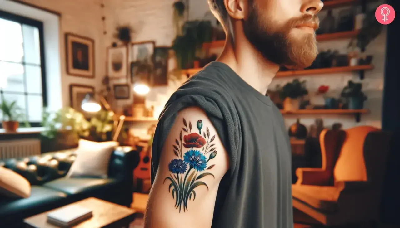Tatuaż maki i chabry na ramieniu mężczyzny. Bukiet polnych kwiatów, symbol natury i piękna.