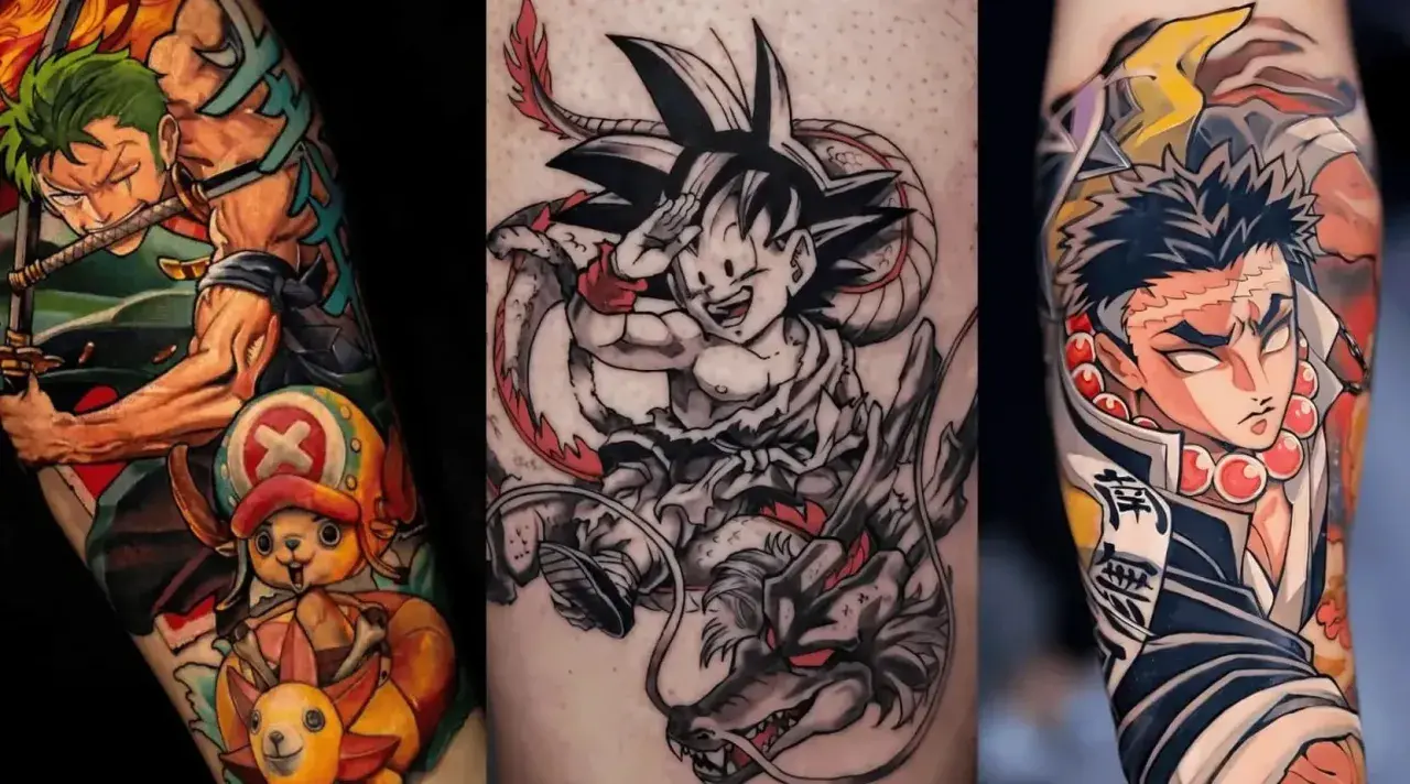 Trzy tatuaże w stylu tatuaż manga: Zoro z One Piece, Goku z Dragon Ball i postać z Demon Slayer.