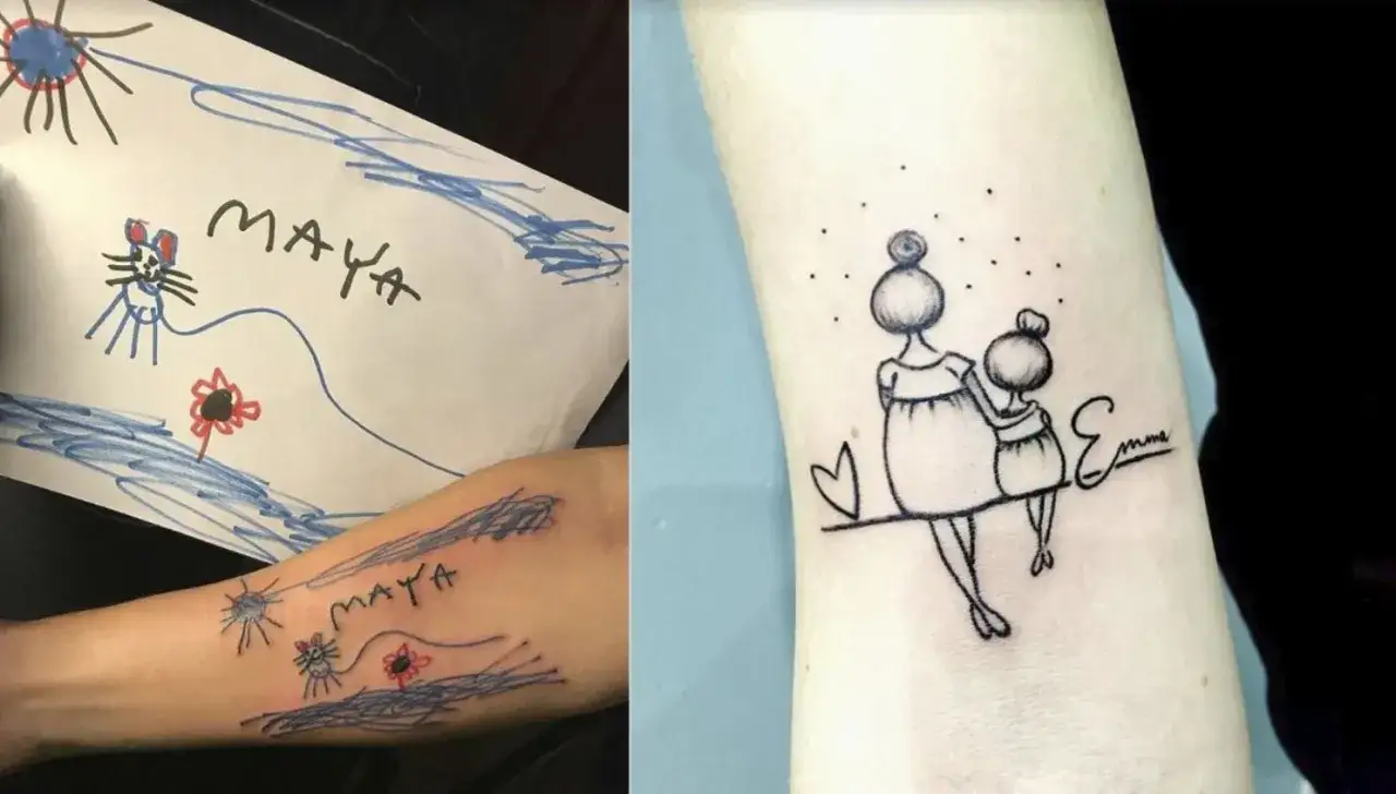 Tatuaż dla mamy z imionami dzieci, inspirowany rysunkiem. Na ramieniu widać tatuaż przedstawiający mamę i córkę, a obok rysunek z imieniem 